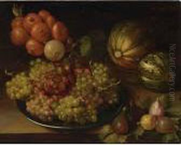 A Still Life With Black And 
White Grapes On A Silver Platter, Together With Figs, Melons And Unions,
 All On A Table Oil Painting by Isaak Soreau