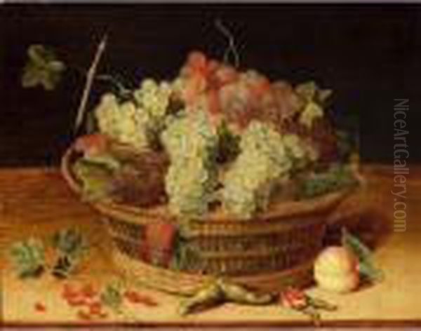 A Still Life With Blue And White
 Grapes In A Basket, Together With Red Currants, Hazelnuts And A Peach, 
All On A Wooden Ledge Oil Painting by Isaak Soreau