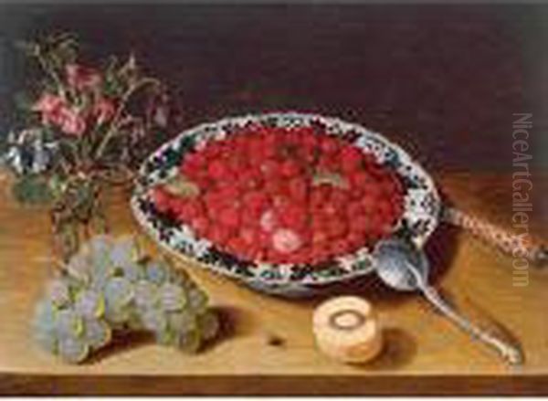 Wild Strawberries In A Wan-li 
Kraak Porcelain Bowl With A Vase Of Flowers And A Bunch Of Grapes, All 
Resting On A Wooden Ledge Oil Painting by Isaak Soreau