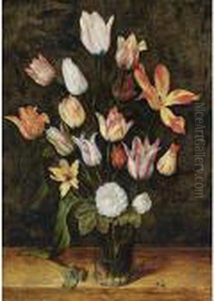 A Still Life With Fifteen Tulips
 And Two White Roses With A Fly On A Leave In A Glass Beaker, All On A 
Wooden Ledge Together With A Ladybird Oil Painting by Isaak Soreau