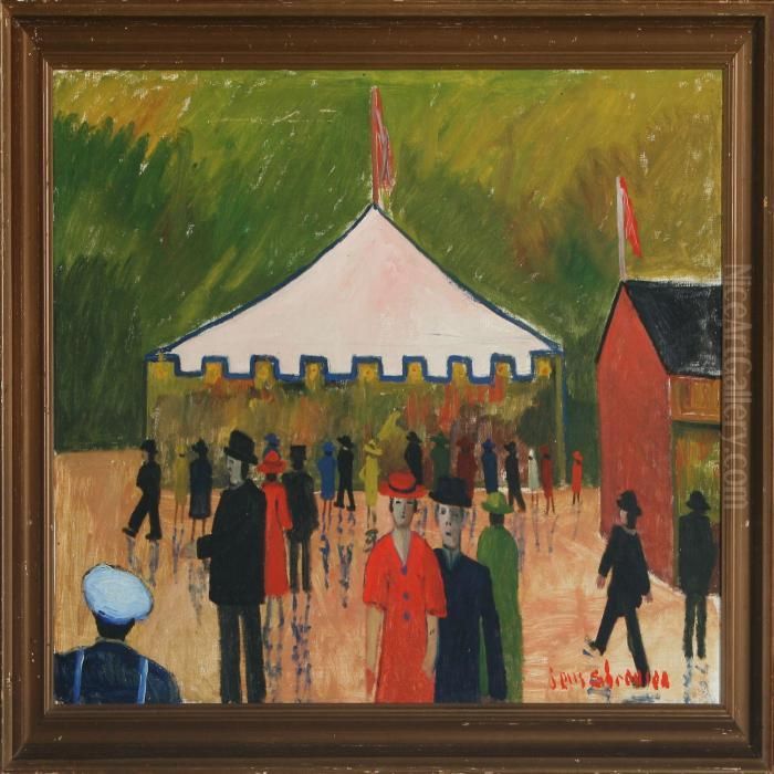 Scene From An Amusement Place With Numerous People In Front Of A Tent Oil Painting by Jens Sorensen