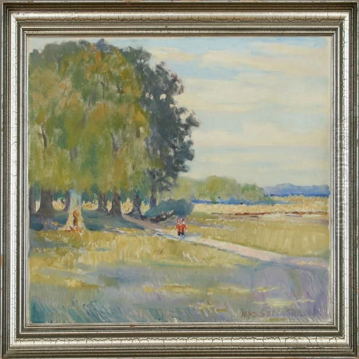 Landscape With Figures In Red Oil Painting by Jens Sorensen