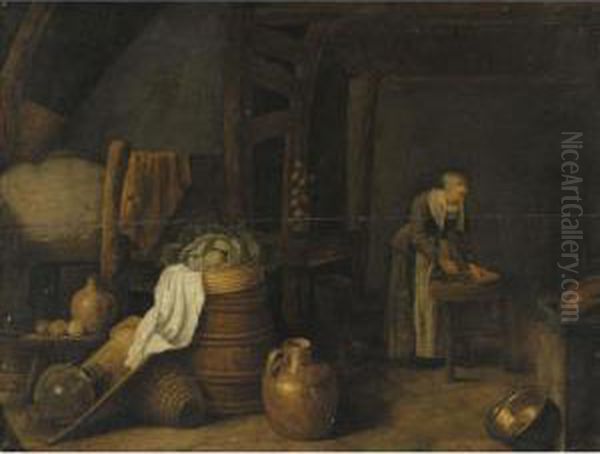 A Kitchen Still Life With A 
Cabbage, Onions, Lemons, Flagons, A Barrel, A Basket, And Other Kitchen 
Untensils, A Maid Beyond Oil Painting by Hendrick Maertensz. Sorch (see Sorgh)