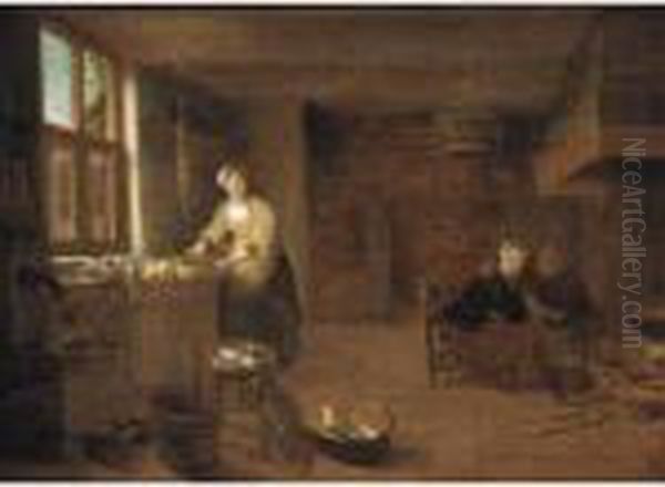 A Kitchen Interior With A Woman 
Preparing Dinner And Man Courting A Young Woman By The Fireplace Oil Painting by Hendrick Maertensz. Sorch (see Sorgh)