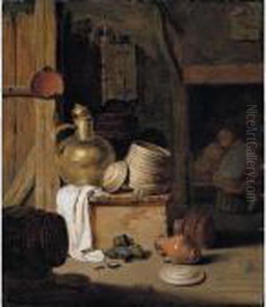 A Barn Interior With A Still 
Life Of Various Pots, Barrels, And Baskets With A Cat, Boors Seated 
Beyond Oil Painting by Hendrick Maertensz. Sorch (see Sorgh)