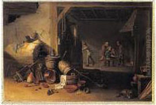 A Tavern Interior With Peasants 
Conversing Before A Fireplace, Kitchen Vessels And An Oven In The 
Foreground Oil Painting by Hendrick Maertensz. Sorch (see Sorgh)