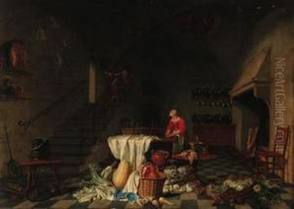 A Kitchen With A Maid Preparing 
Meat At A Table, A Man On Astaircase Beyond, With Baskets, Vegetables 
And Meat In Theforeground Oil Painting by Hendrick Maertensz. Sorch (see Sorgh)