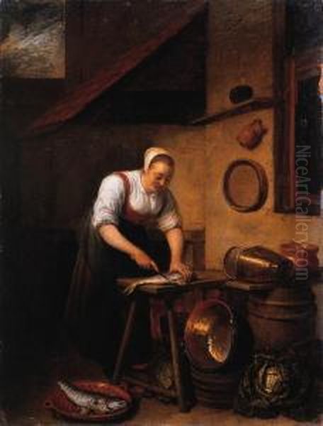 A Maid Standing By A Table 
Cleaning Fish, Pots, Pans And Cabbageson A Barrel Nearby, In A Farmyard Oil Painting by Hendrick Maertensz. Sorch (see Sorgh)