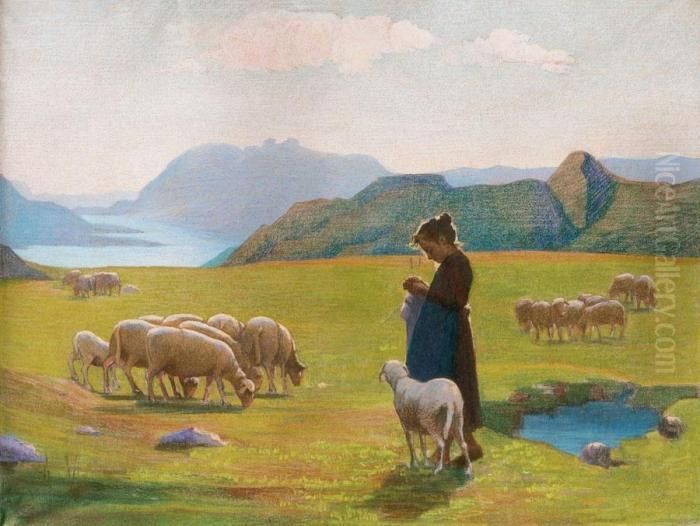 Pastorella Con Gregge Oil Painting by Giovanni Sottocornola