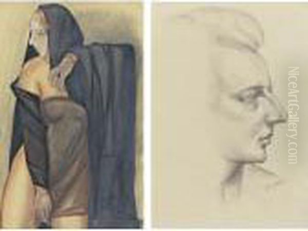 Model In Pink Dress, Woman 
Wearing A Mask And Portrait Of Maestro Leopold Stokowski: Three Works On
 Paper Oil Painting by Serge Iurevich Soudeikine