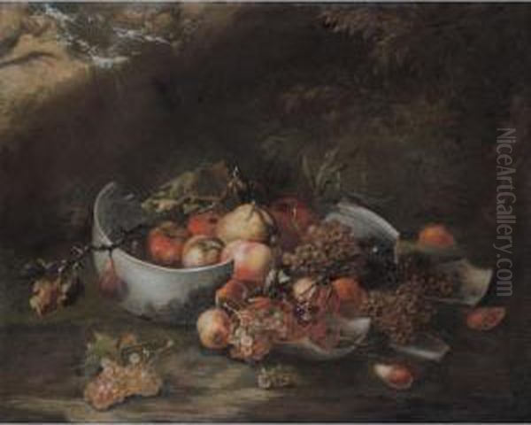 Still Life With A Broken Bowl 
Together With Apples, Grapes, Peaches, Pears And Various Other Fruit, In
 A Landscape Oil Painting by Bartolomeo Castelli Spadino