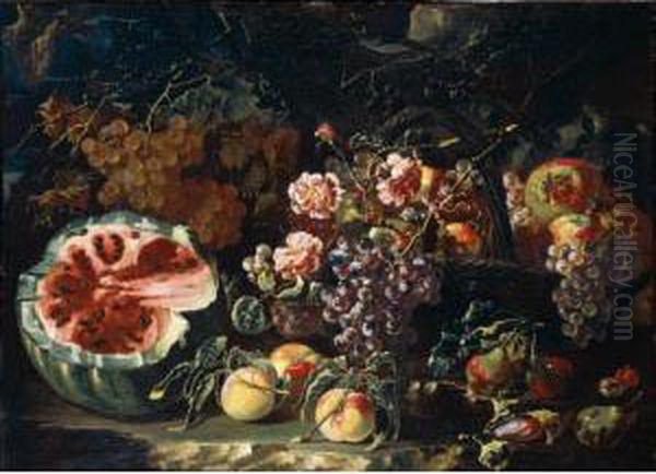 Still Life Of Watermelon, Plums,
 Peaches And Grapes, Together With A Basket Of Grapes And Pomegranates, 
All In A Landscape Oil Painting by Bartolomeo Castelli Spadino