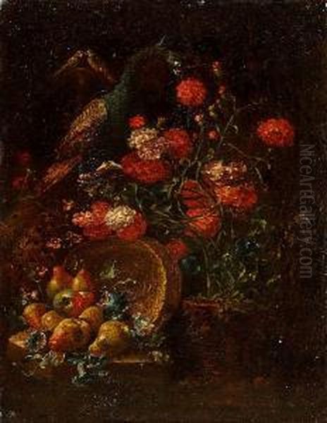 A Peacock Amid Carnations And 
Convolvulus Above An Upturned Basket Of Pears On A Stone Ledge Oil Painting by Bartolomeo Castelli Spadino