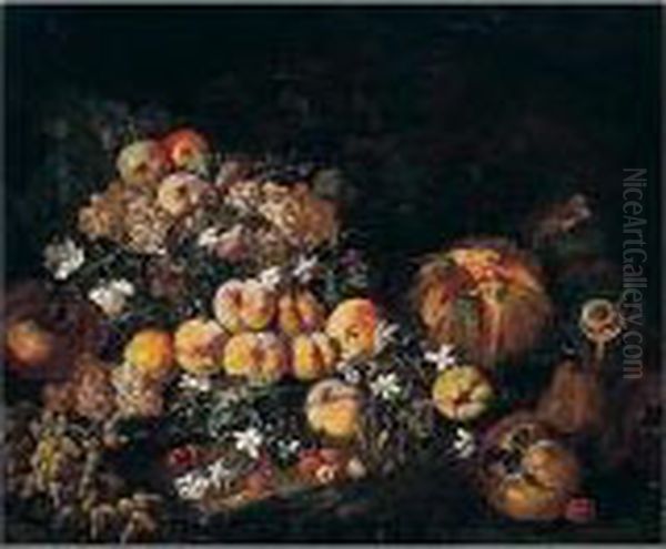 Still Life Of Grapes, Apples And
 Plums In A Glass Bowl, Together With Melons, Pomegranates And Cherries 
In A Landscape Oil Painting by Bartolomeo Castelli Spadino