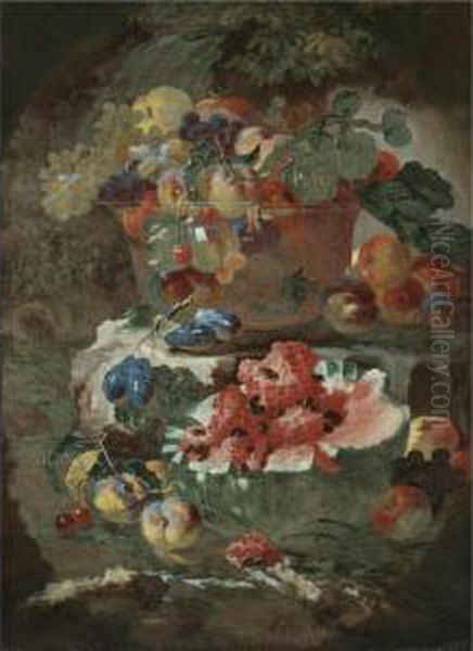 Still Life Of Fruit Including An
 Open Watermelon, Peaches And Plums, Beneath And Glass Bowl Filled With 
More Fruit On The Step Above Oil Painting by Giovanni Paolo Castelli Spadino
