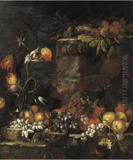 A Glass Vase With Tulips, And Apples, Grapes, Pears And Other Fruit On A Stone Ledge Oil Painting by Giovanni Paolo Castelli Spadino
