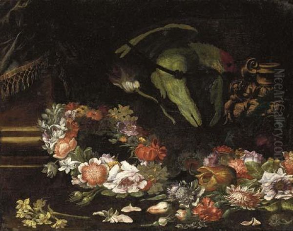 Narcissi, Peonies And Roses In A
 Wreath With Other Flowers Strewnon The Floor And A Parrot On A Rope Oil Painting by Giovanni Paolo Castelli Spadino