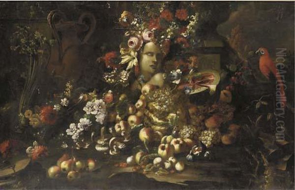 A Marble Bust Surrounded By 
Roses, Carnations, Morning Glory Andother Flowers, A Sliced Watermelon, 
Mushrooms, Grapes, Peaches,figs, Pears And Other Fruit With Urns And A 
Parrot In An Italianatelandscape Oil Painting by Giovanni Paolo Castelli Spadino