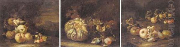 Apples, Plums And Cherries On A 
Bank; Watermelon, Plums And Grapes On A Bank; And Apples And Cherries On
 A Bank Oil Painting by Giovanni Paolo Castelli Spadino