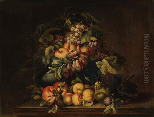 Peaches, Plums, Grapes, Pears 
And Limes In An Urn With Other Fruiton A Ledge; And Peaches, Plums And 
Grapes In An Urn With Apples Andother Fruit On A Ledge Oil Painting by Giovanni Paolo Castelli Spadino