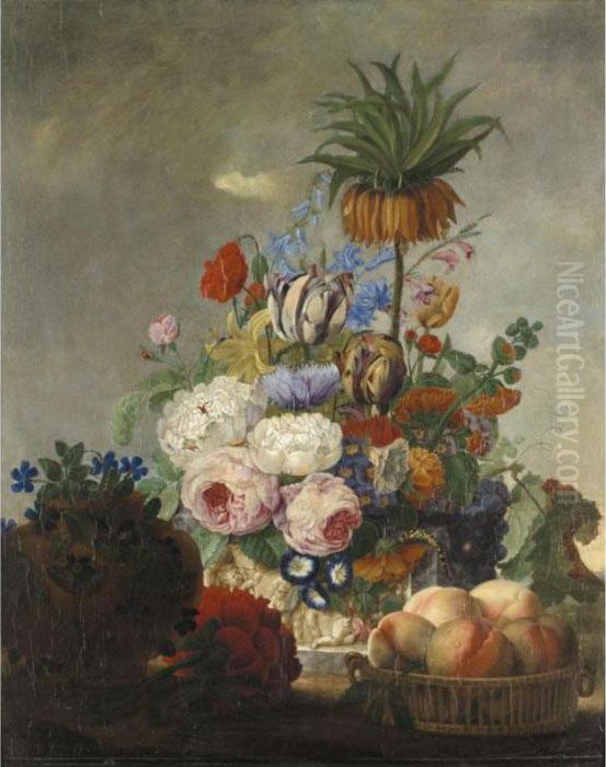 A Still Life With A Crown 
Fritillary, Tulips, Roses And Various Other Flowers In A Vase, Together 
With A Bowl Of Peaches Oil Painting by Michel Joseph Speeckaert