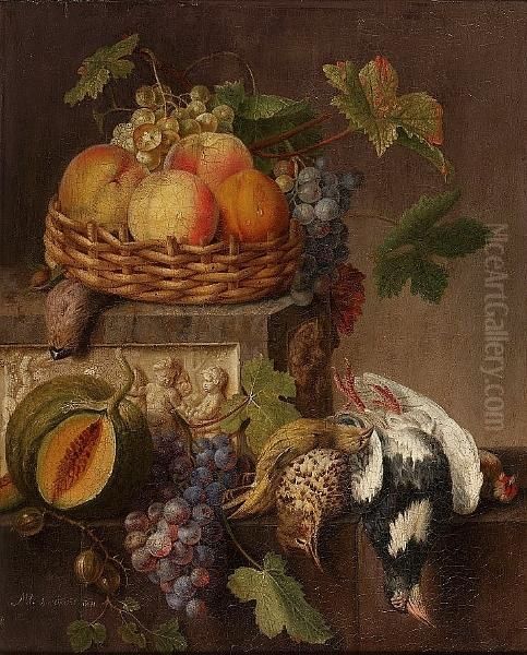 A Basket Of Peaches And Grapes 
On A Relief Carved Marble Ledge, With A Melon, Grapes, Dead Songbirds 
And Gooseberries On A Ledge Below; And Roses, A Tulip, Morning Glory And
 Other Flowers In A Bowl On A Relief Carved Marble Ledge, With Grapes, 
Peo Oil Painting by Michel Joseph Speeckaert