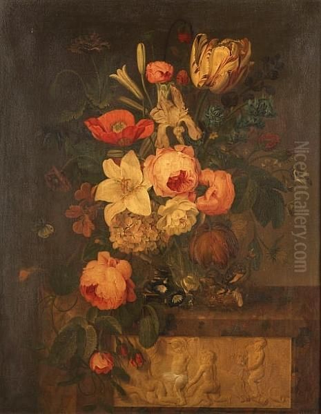A Parrot Tulip, A Lily, Roses, A
 Poppy, Morning Glory And Other Flowers In An Urn On A Stone Ledge With 
Starlings In A Nest Oil Painting by Michel Joseph Speeckaert