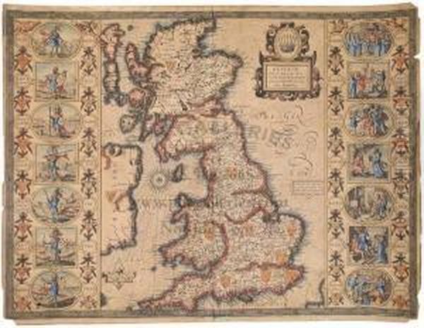 Speeds Map Of Early Britain, 
With The Notable Feature Of Depictions Of 14 Kings From The 6th And 7th 
Centuries On The Sides. English Text On Verso. Oil Painting by John Speede