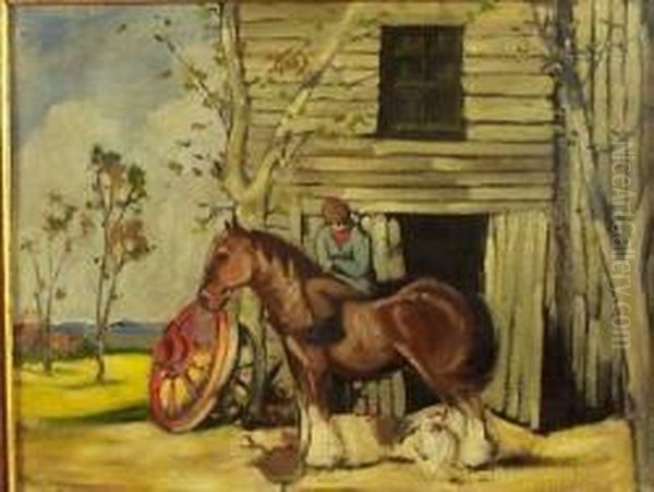 A Farmyard Scene With Horse And Hens Oil Painting by John Guthrie Spence-Smith