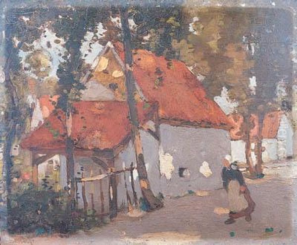 A Breton Woman On A Tree-lined Village Street Oil Painting by John Guthrie Spence-Smith