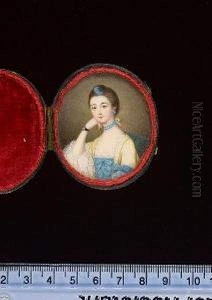 A Lady, Seated On A Green 
Upholstered Chair, Wearing Pale Yellow Open Robe Over Lace Trimmed Blue 
Dress Decorated With Bows On The Bodice, Matching Bow At Her Left Elbow,
 Large White Lace Cuffs, Double-strand Blue Choker Tied At The Back With
 A Ye Oil Painting by Gervase Spencer