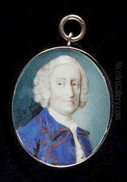A Gentleman, Wearing Gold-edge 
Royal Blue Coat, White Waistcoat, Frilled Chemise And Powdered Wig Worn Oil Painting by Gervase Spencer