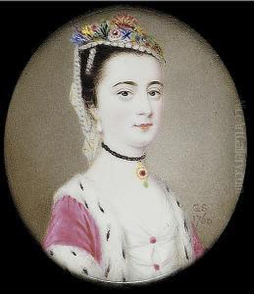 A Lady, Wearing Ermine-trimmed 
Cerise Robe Over White Dress With Cerise Buttons, Black Ribbon Choker 
With Jewelled Pendant, Drop Pearl Earring, Strand Of Pearls In Her Hair 
And Pearl Trimmed Cap Dressed With Flowers And White Veil Oil Painting by Gervase Spencer