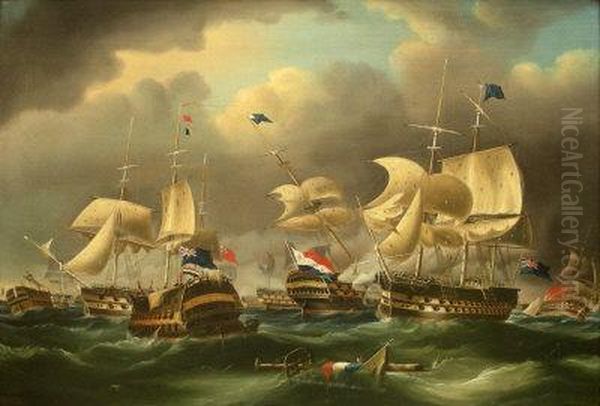 The English And Dutch Fleet Engaged In Battle Oil Painting by Richard Barnett Spencer