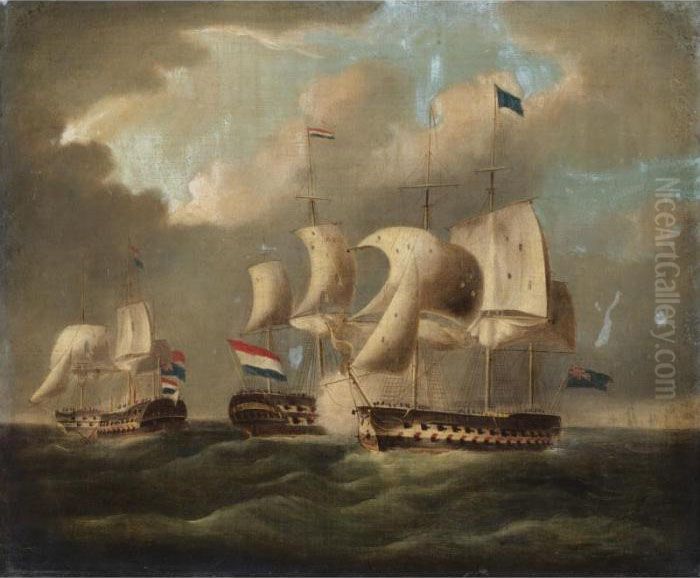 An Engagement Between French And British Vessels Oil Painting by Richard Barnett Spencer