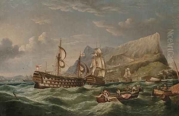 H.m.s. 'victory' Being Towed 
Into Gibralter On Her Way Home After The Battle Of Trafalgar Oil Painting by Richard Barnett Spencer