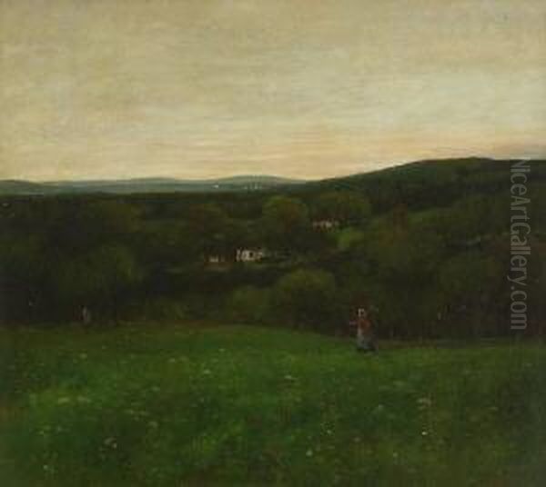 Bauerin Auf Einer Wiese In
 Oberbayern. Oil Painting by Johann Sperl