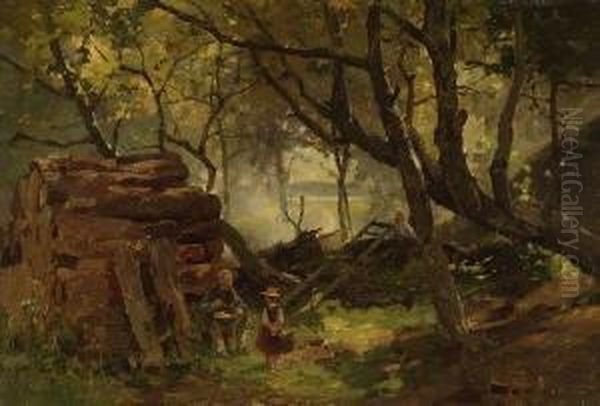 Holzstapel Im Walde Mit Figurlicher Staffage: Oil Painting by Johann Sperl
