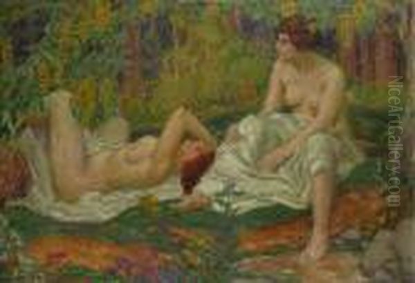 Bedeutender Prager Jugendstilmaler
 Zwei Frauenakte In Waldlandschaft Oil Painting by Karel Spillar