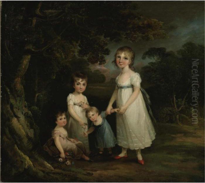 Portrait Of Four Children In A Landscape Oil Painting by Maria Spilsbury