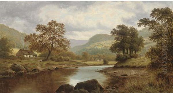 Sheep And Cottages Beside A River Oil Painting by Thomas Spinks