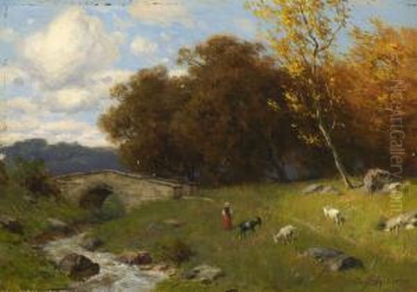 Hirtin Mit Ziegen Am
 Bachufer. Oil Painting by August Karl Martin Splitgerber
