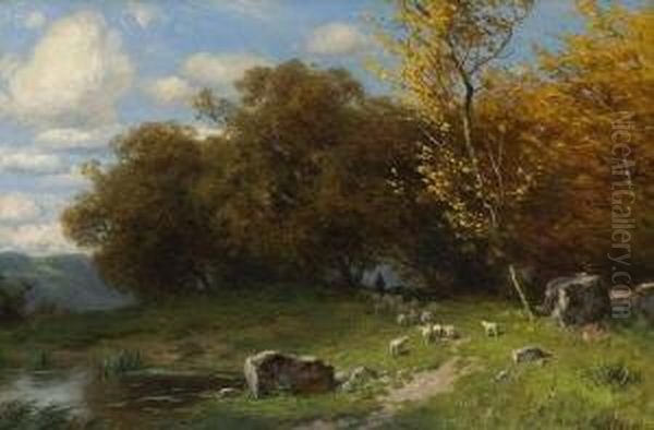 Schafer Mit Herde In
 Herbstlandschaft. Oil Painting by August Karl Martin Splitgerber