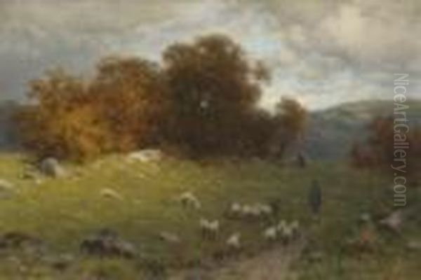 Hirte Mit Schafherde In
 Herbstlicher Landschaft. Oil Painting by August Karl Martin Splitgerber