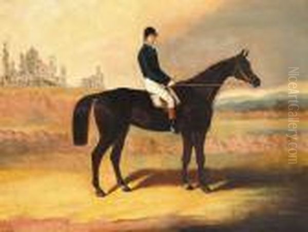 A Dark Bay Racehorse With Jockey
 Up And A View Of Abbey Ruins Beyond Signed Lower Left Oil On Canvas 71 
By 91cm., 28 By 36in. Possibly A View Of The Rock Of Cashel, Co. 
Tipperary Oil Painting by Samuel Spode