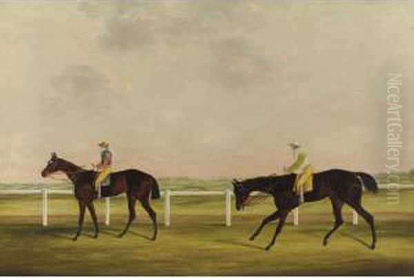 Colonel King's 'bessie Bedlam' 
Ridden By T. Lye And Mr. Golden's 'robin Hood' 
Ridden By J. Spragson Exercising On Lincoln 
Racecourse Oil Painting by Samuel Spode