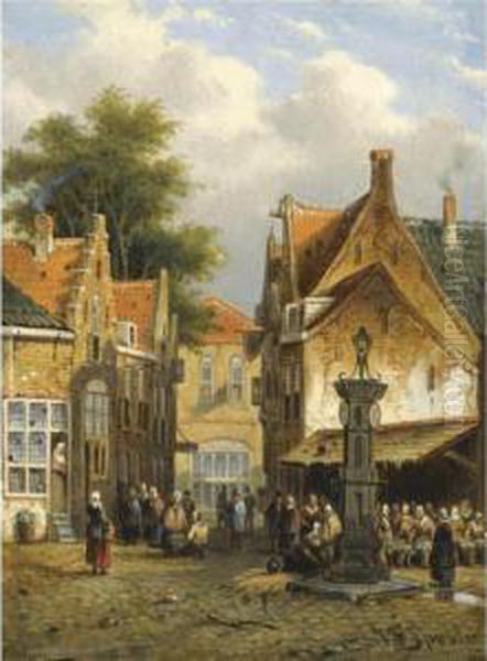 Market In A Town Square Oil Painting by Johannes Franciscus Spohler