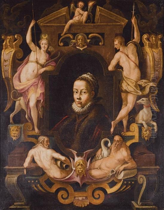 Portrait Of A Lady Said To Be The Wife Of Bartolomaus 

 Spranger Set In A Stone Cartouche With Diana And 

 Actaeon And Two River Gods Oil Painting by Bartholomaeus Spranger