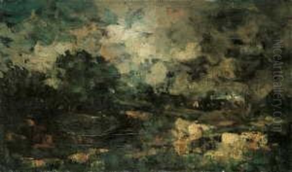 Bewegte Gewitterlandschaft. 
Verso Signiert: Adolf Staebli. Ol Auf Leinwand. H 31 Cm; B 50,5 Oil Painting by Adolf Stabli
