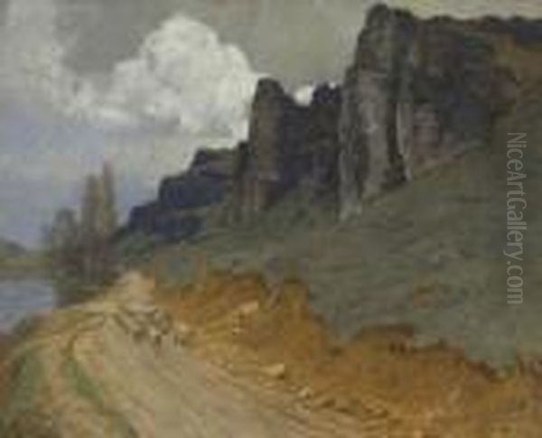 Schafer Mit Herde In Felsiger
 Flusslandschaft Oil Painting by Albert Stagura